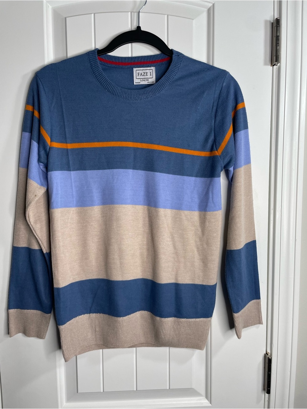 Faze 1 Boys Blue & Tan Striped Crew Sweater Sz L(14/16) small stain on sleeve